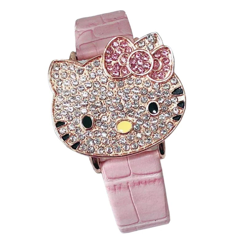 Miniso Anime Cartoon Sanrio Hello Kitty Head Silicone Diamond Quartz Girls Student Watch Kids Leather Belt Watch Birthday Gifts