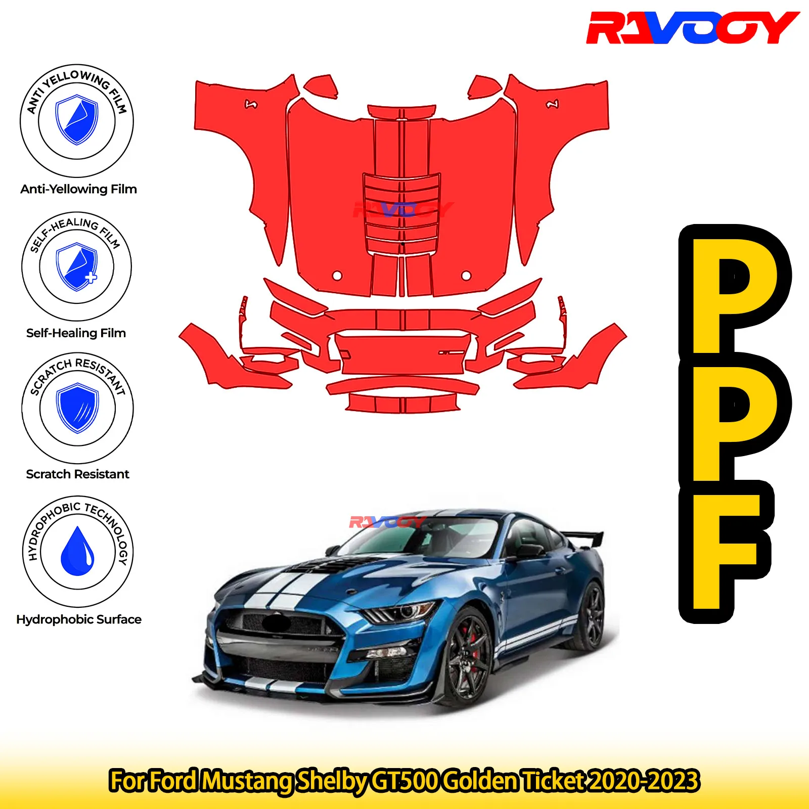 

For Ford Mustang Shelby GT500 Golden Ticket 2020-2023 Glossy Matte Black Precut front PPF Kit Paint Protection Film