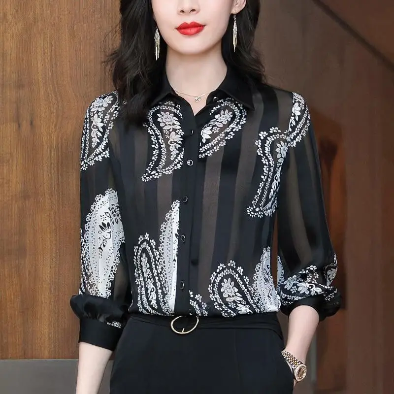 Vintage Striped Paisley Printed Blouse 2023 Spring Casual Long Sleeve Women\'s Clothing Commute Polo-Neck Single-breasted Shirt
