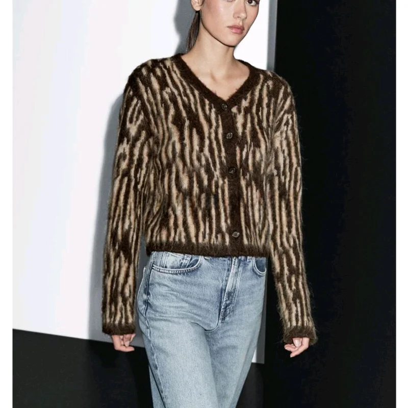

Retro Brown Zebra Print V-Ne Open-Front Knit Sweater Jaet Autumn New Arrival Women's Casual Sle Polyester Fiber 00%