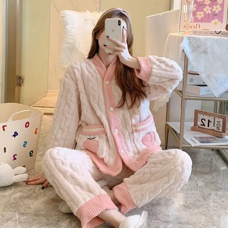 Thickened Warm Pink Peach Coral Velvet Pajamas 2PCS Set Winter Ladies Cardigan Nightwear Homewear Sweet Sleepwear Loungewear