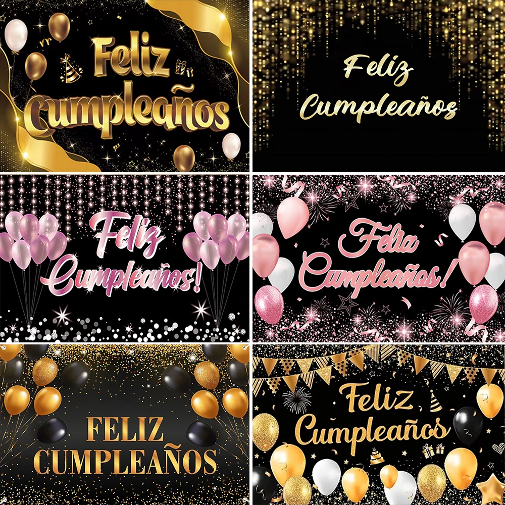 Feliz cumpleaños Spanish Birthday Theme Pink Gold Glitter Balloon Party Decor Spanish Baby Shower Adult Celebration Background