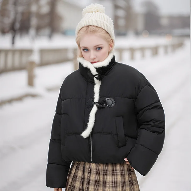 Winter Female's Parka Jacket Solid Horn Toggle Buttons Fleece-lined Stand Collar Women's Coat Minimalsit Padded Coat For Lady