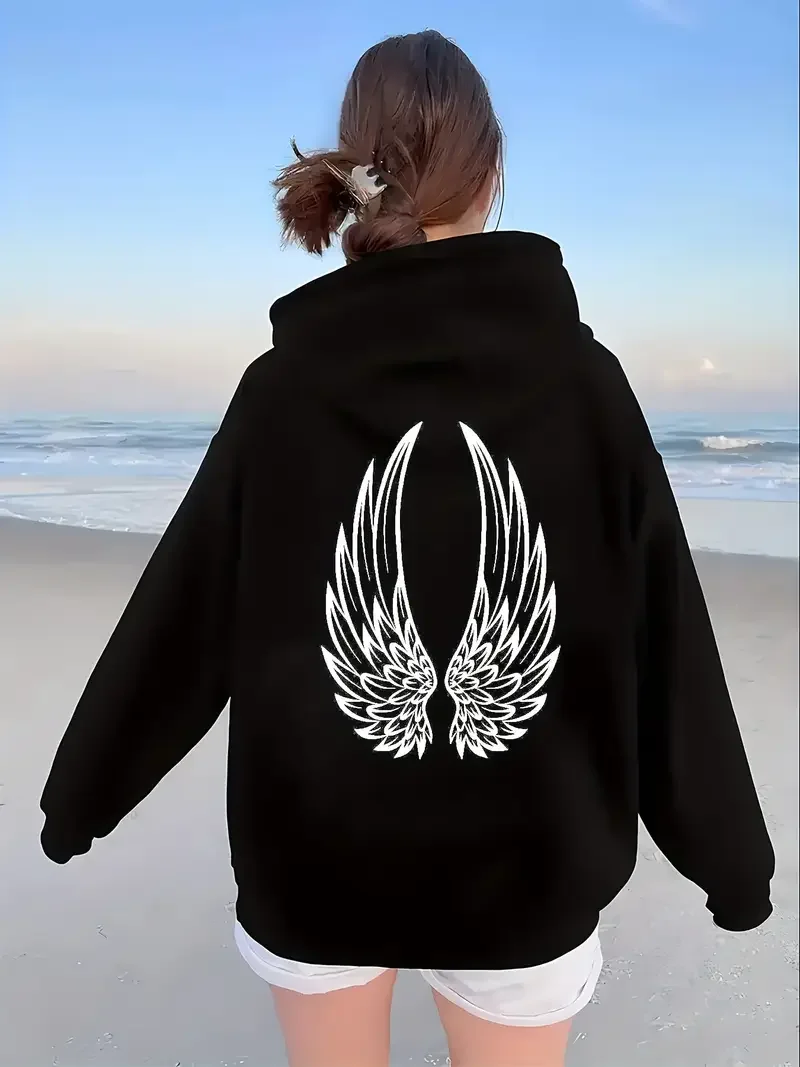 

Plus Size Hoodie Back Wings Print Polyester Fabric Refreshing Comfortable Long Sleeve Pullover Sweatshirt Perfect Holiday Gift