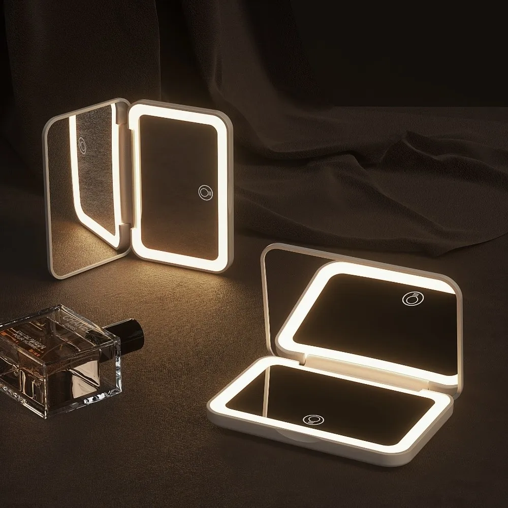 Mini opvouwbare make-upspiegel Vergrotende draagbare esthetische make-upspiegels Touchscreen 3-kleuren verlichting Cosmetische spiegel Reizen