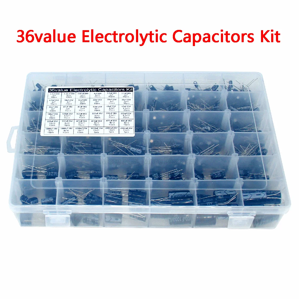 36 Value Electrolytic Capacitor Kit(0.1uf-2200uf)1000uf 25V/35V Plug-in Aluminum Electrolytic Capacitor