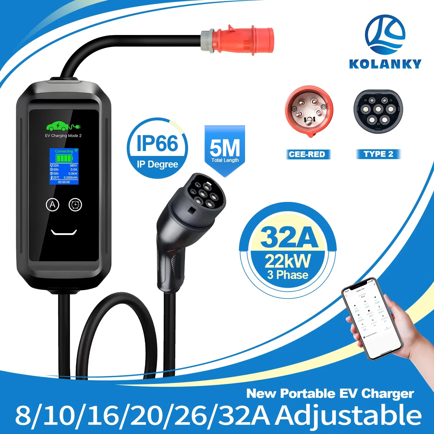 Kolanky 22KW Wallbox Portable EV Charger 32A 3P Type 2 IEC62196-2 Electric Vehicle Charger for Type2 EVSE Charing with Tuya APP
