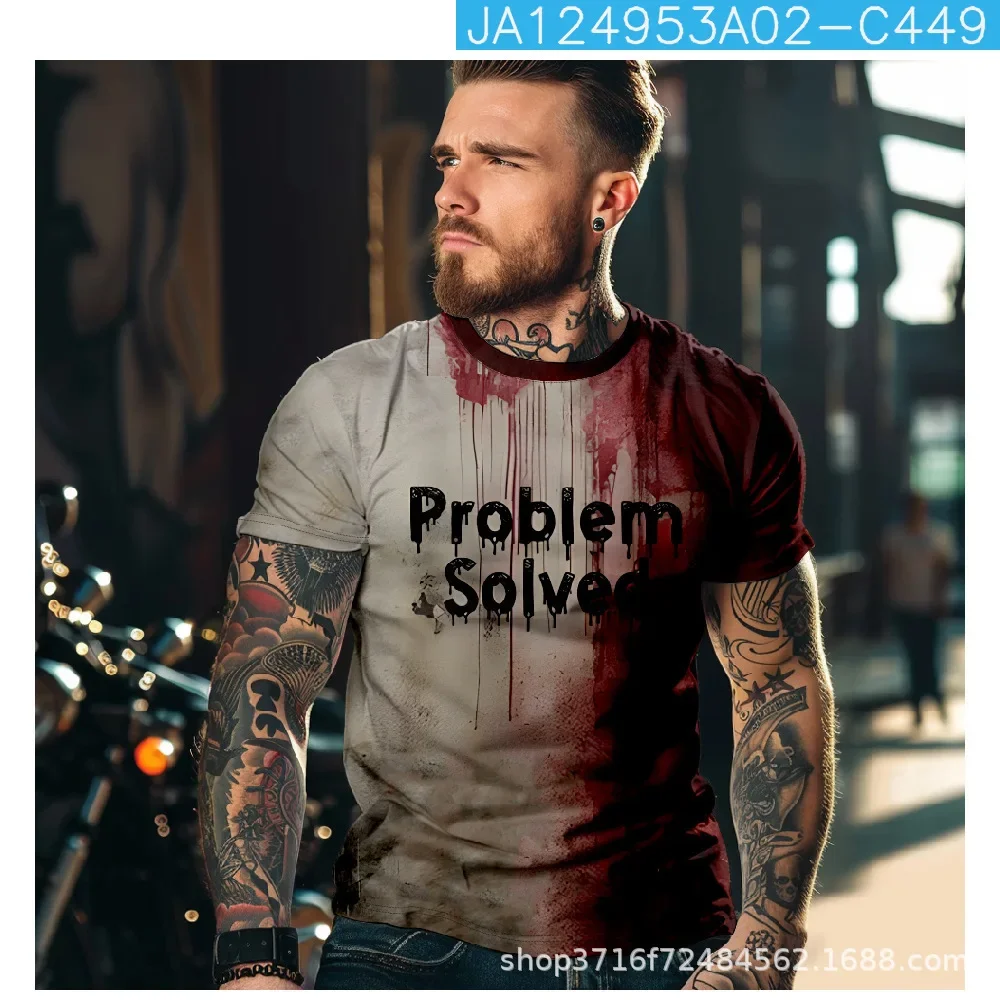 2024 جديد أنا غرامة بقع الدم هالوين الشارع موضة ثلاثية الأبعاد الرجال الجولة الرقبة تي شيرتات قصيرة الاكمام الصيف عادية جودة عالية