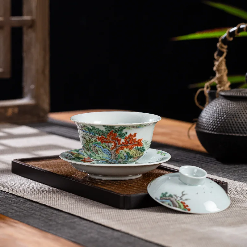 Jingdezhen Antique Mud Ancient Color Landscape Ceramic Tianren Gaiwan Household Tea Set Cup Supply