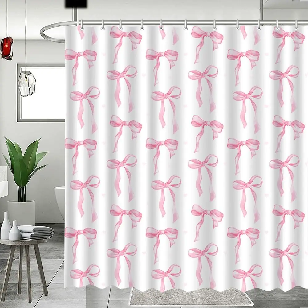 

Pink bow shower curtain kawaii watercolor princess style cute bathroom decoration suitable for girls romantic castle theme