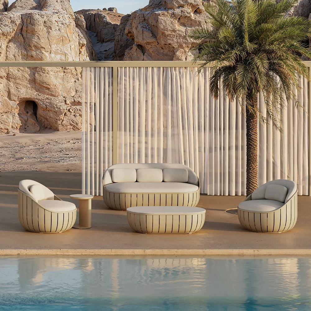 

Современный уличный алюминиевый диванный гарнитур с тканевой обивкой, устойчивой к атмосферным воздействиям, для виллы, сада, пляжа и ресторана – в стиле гостиной