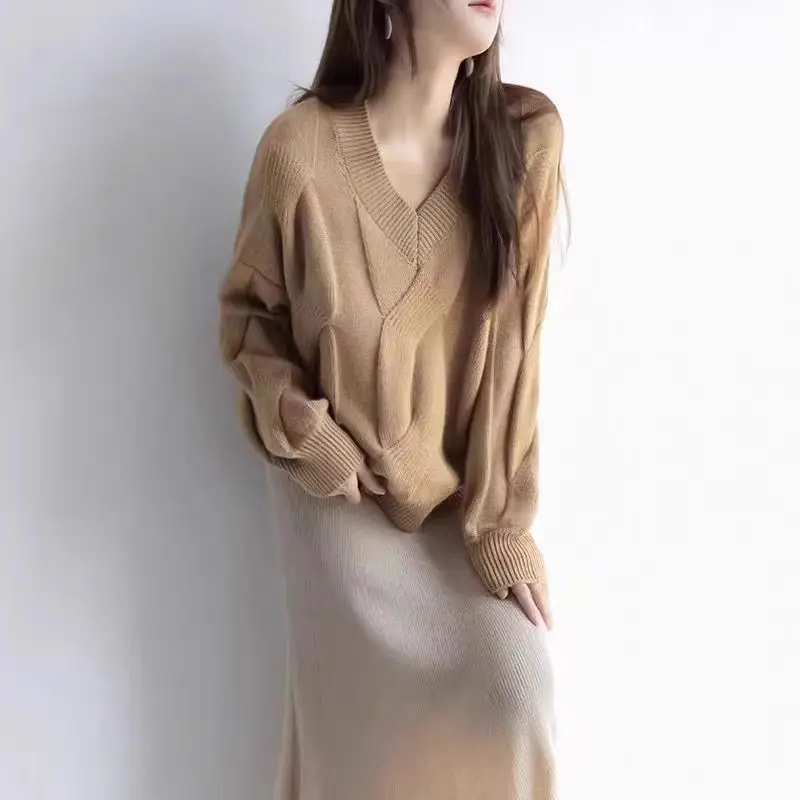 اختيار 100% ميرينو الصوف المرأة البلوز سترة برقبة على شكل v حجم كبير فضفاض الخريف الشتاء سميكة الدافئة قطرة كم تريكو القمم