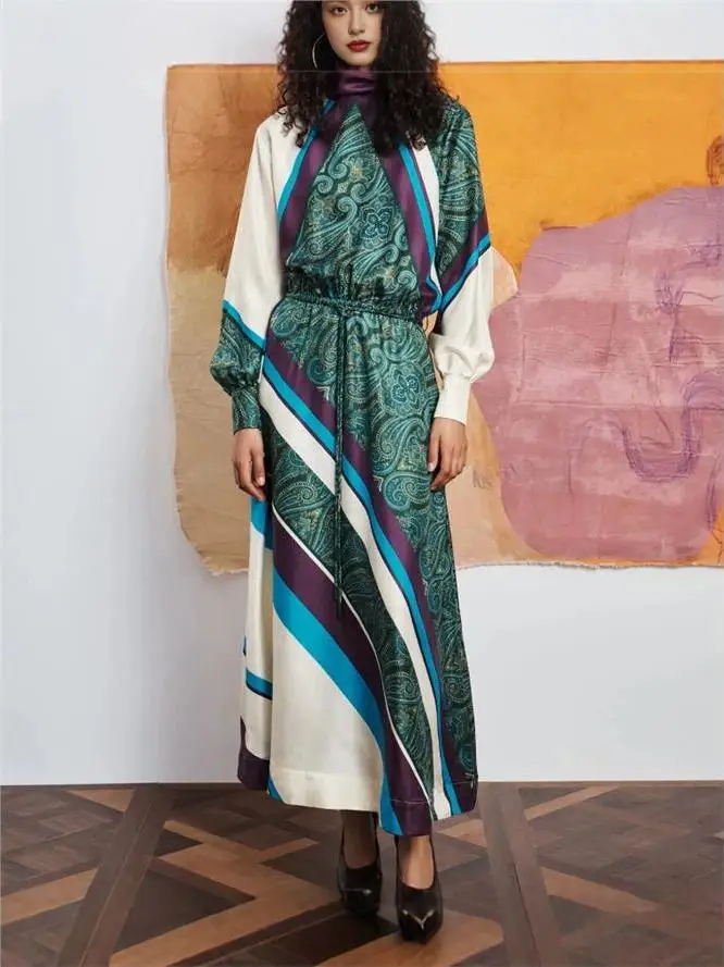 Summer 2026 Women's Slim Fit Silk Satin Print Long Sleeve High Collar Street Style Dress Cleanfit A-Line Skirt Soft Fabric