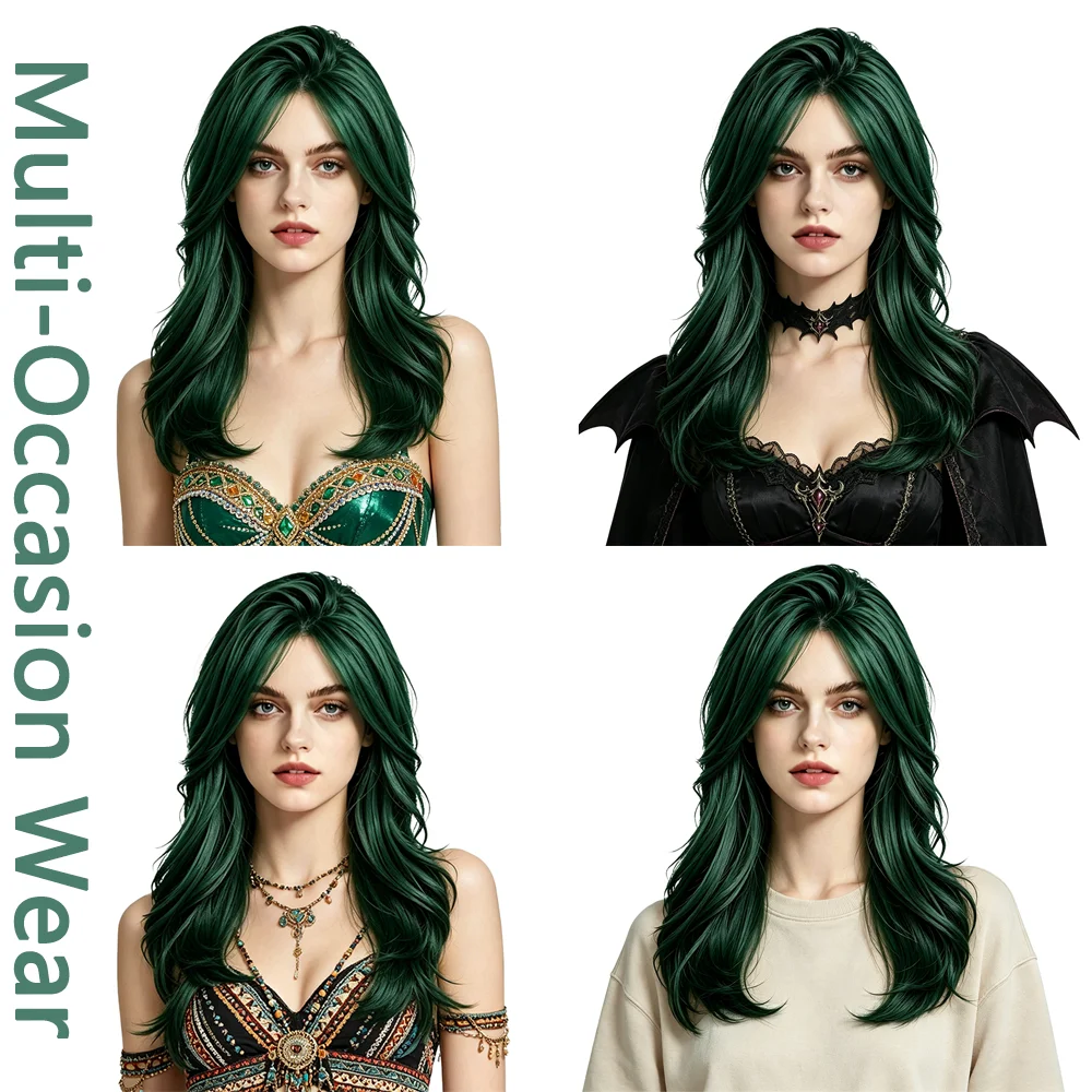 Fashion Dark Green Wig 50cm Medium Long Wavy Curly Wig Natural Looking Synthetic Full Head Wig For Women Party Cosplay Daily Use