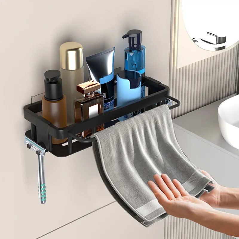 Black Bathroom Shelf with Razor Holder Hook Punch-free Seamless Razor Storage Rack Bathroom Hardware