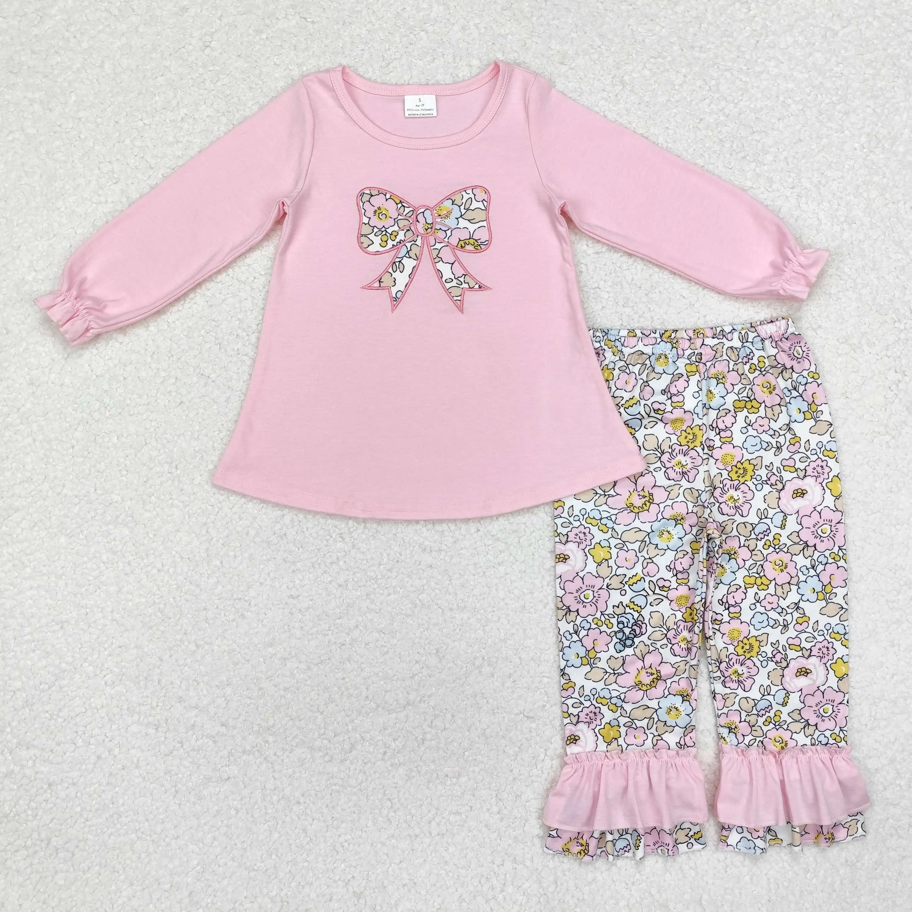 GLP1836 Kids Girls Autumn Outfit Sets Long Sleeves Embroidery Flower Butterfly Pattern Pink Print With Trousers Children Clothes