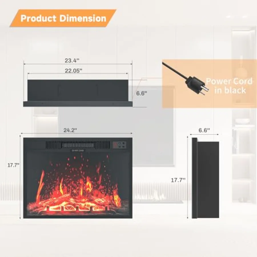 24'' Electric Fireplace Insert with Remote Control Timer 750/1500W 3D Adjustable Flame Modern Black Finish Energy-Efficient Hea