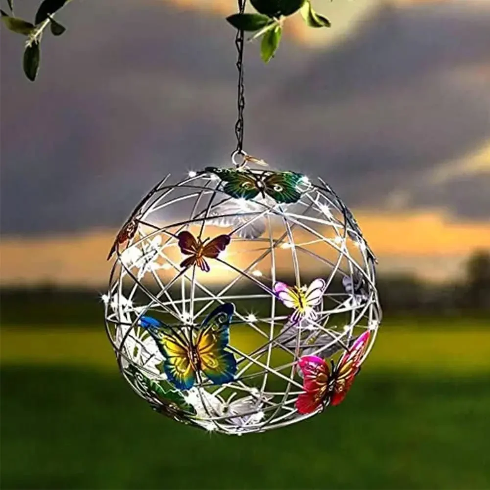 Garden Hanging Solar Light Round Ball Light With Butterfly Waterproof Metal Weaving Hanging Lamp Home Decorative Nightlight