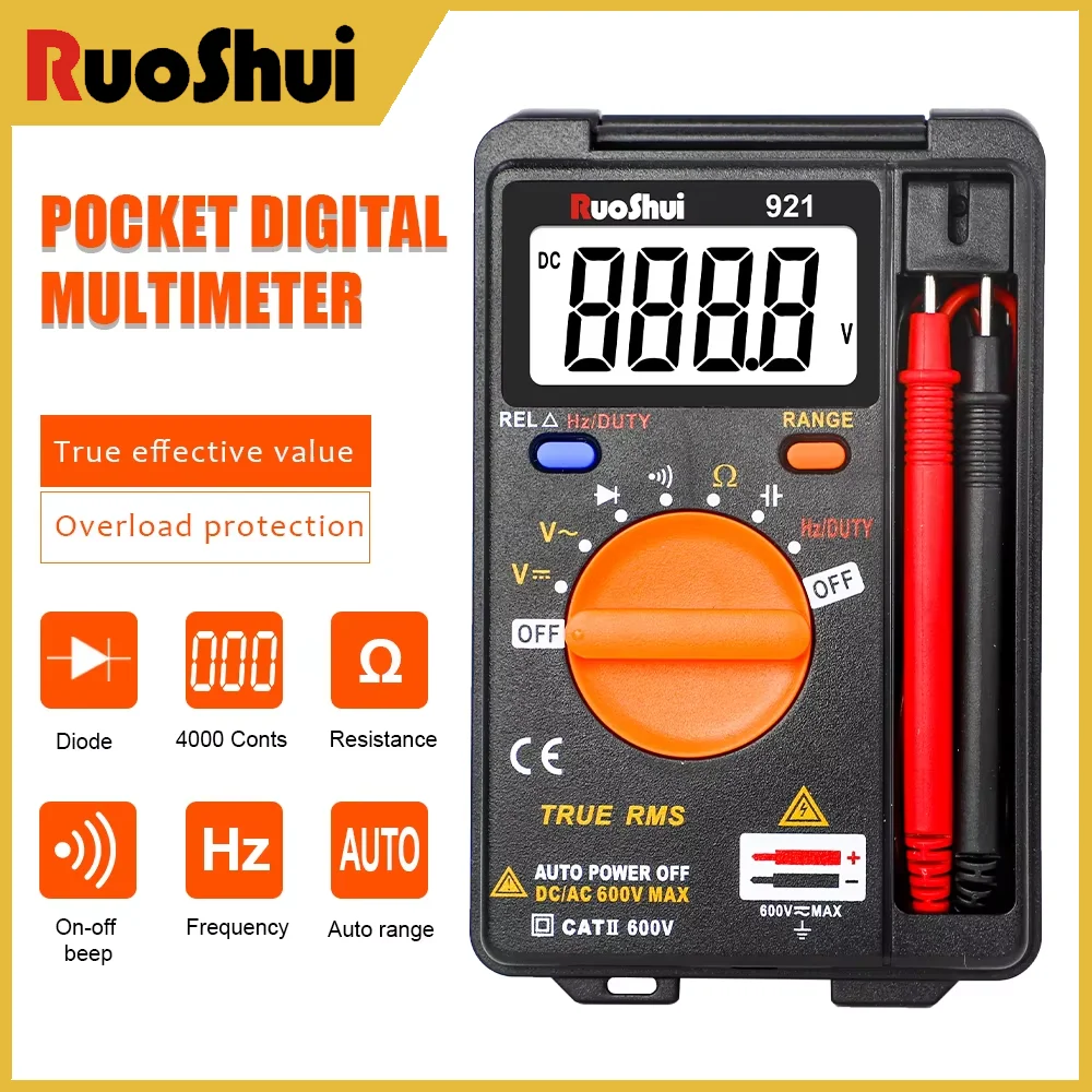 

RuoShui 921 Pocket DIgital Multimeter 4000 Count True RMS Auto Range multímeter DC/AC Voltage 600V Resistance Diode Measurement