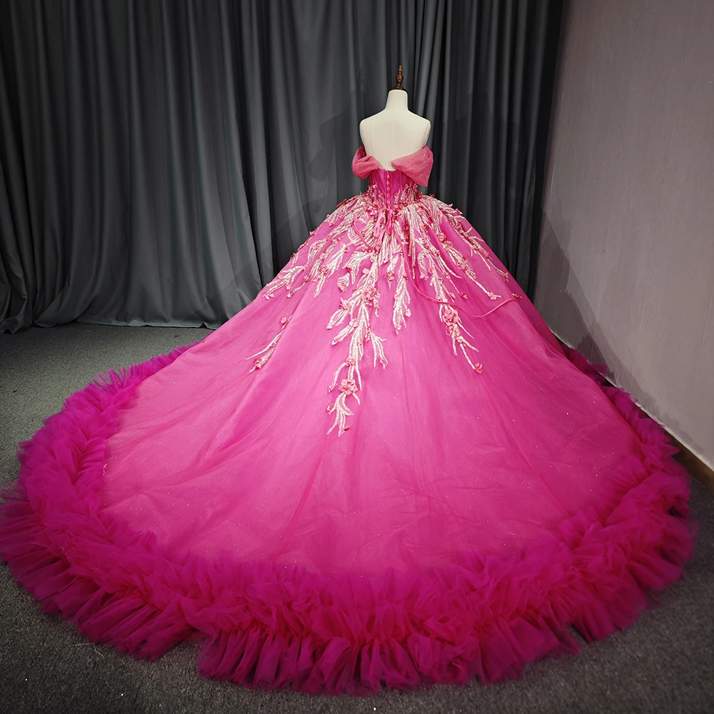 Ball Gowns Quinceanera Dresses Faily Cathedral Train Tulle 3D Floral Applique Bone Mexico Prom Lace Up vestido de 15 quinceañera