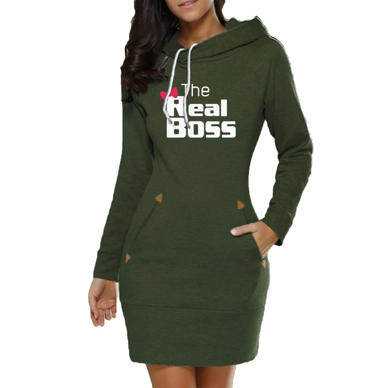 Autumn/Winter Fashion Sports Hoodie Women's Dress Printed Pocket Hooded Casual Dress Solid Color Long Sleeve Dress