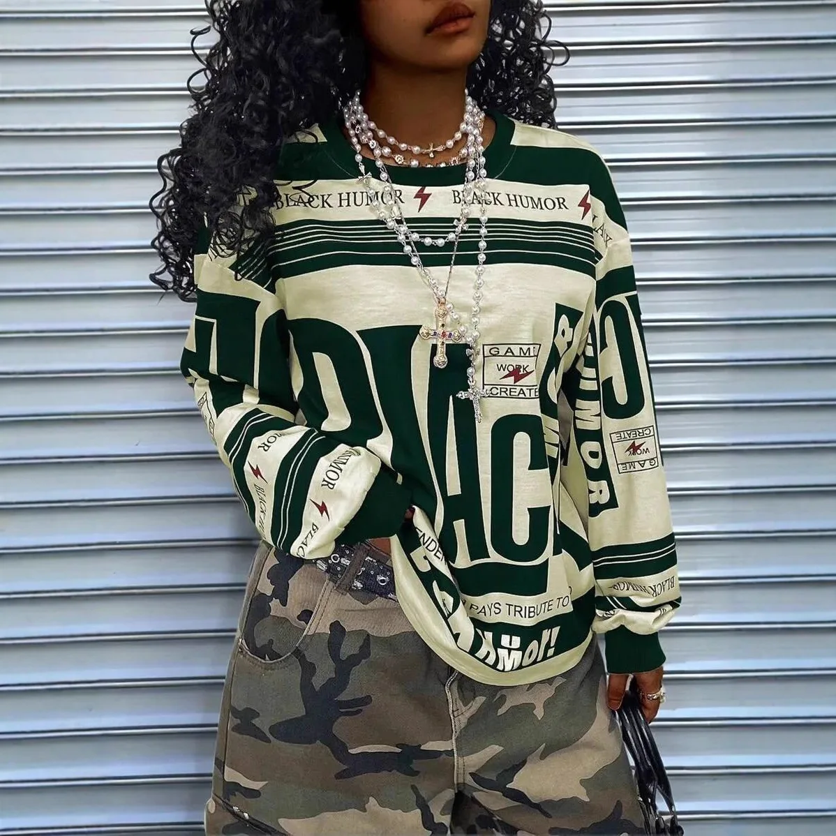 European and American women's retro sporty and trendy style long sleeve hoodie with letter-positioned printed loose pullover
