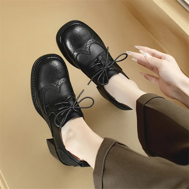 New Spring Genuine Leather Women Shoes Round Toe Women Pumps Shoes for Women Zapatos Mujer Brogue Designs Lace Up High Heels