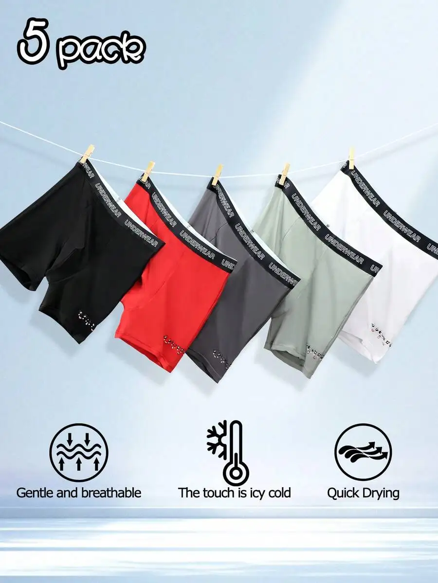 

5 Pcs Men Boxer Briefs With Letter Trim Comfortable Breathable Quick Dry