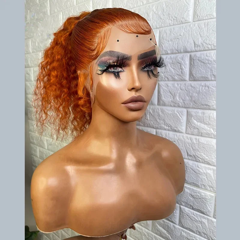 Macio preplucked 26 Polegada 180 densidade laranja longo laço frente perucas para mulheres kinky encaracolado cabelo do bebê sem cola boa textura