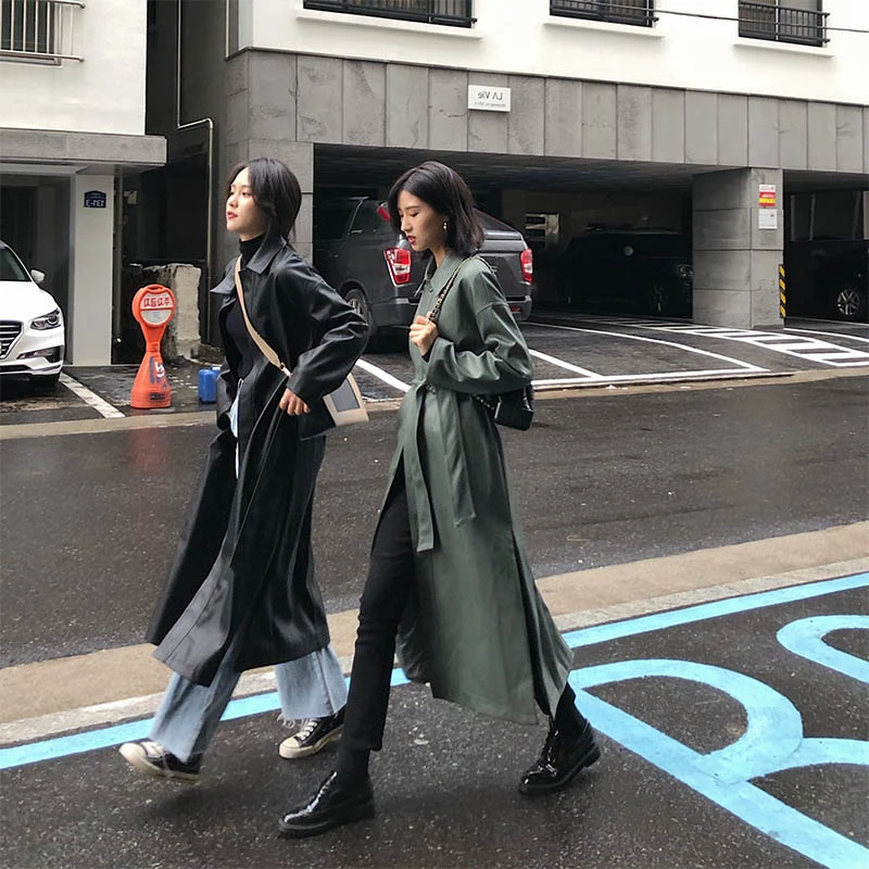 Fashion woman Long Leather Coat Windbreaker Jacket Spring And Autumn Medium Long Knee Fashion Thin Individualisti trench