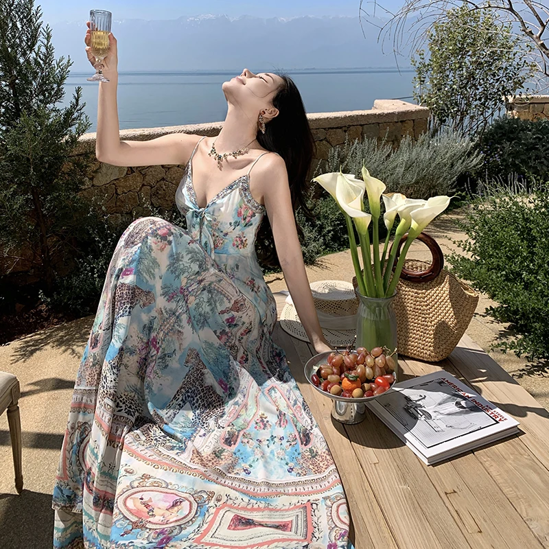 

Bohemian V-Neck Retro Strap Dress Sexy Backless Long Dress for Beach Vacation Boho Chic Maxi Dress Alluring Gown for Holiday