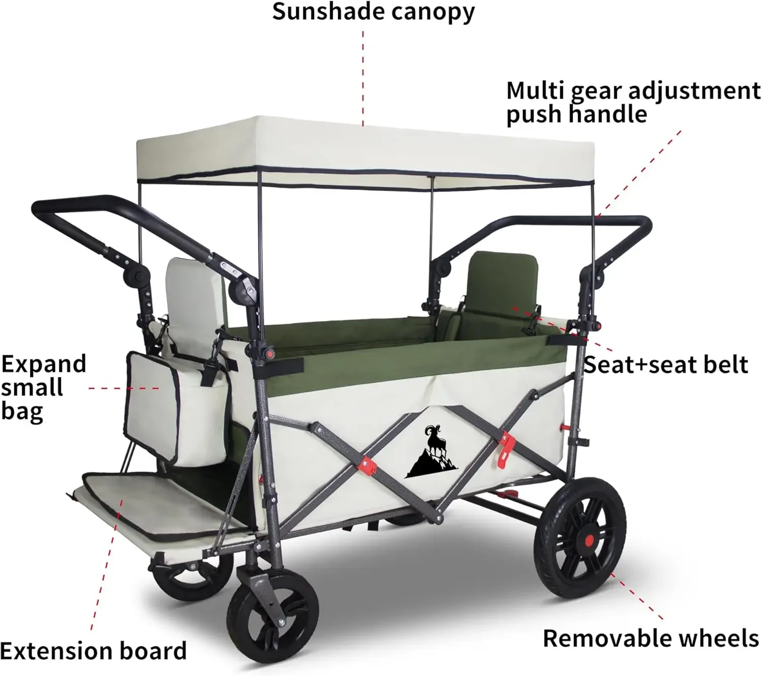 Foldable Wagon with Canopy - Collapsible Utility Cart with 2 Seats & Belts, Adjustable Handle