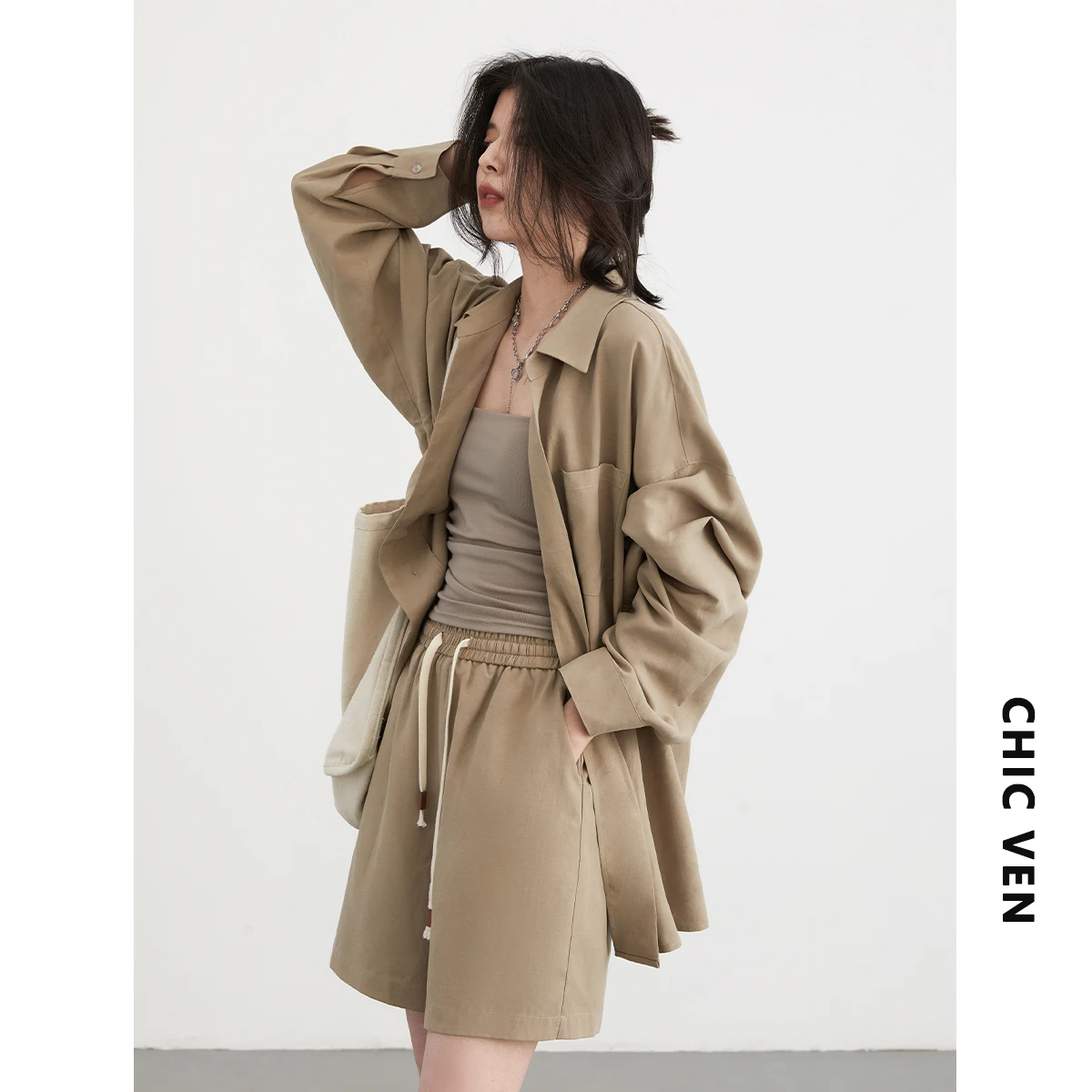 CHIC VEN Women Shirts Solid Loose Casual Linen Shirt Female Blouse Drawstring Elastic High Waisted Shorts Spring Summer 2024