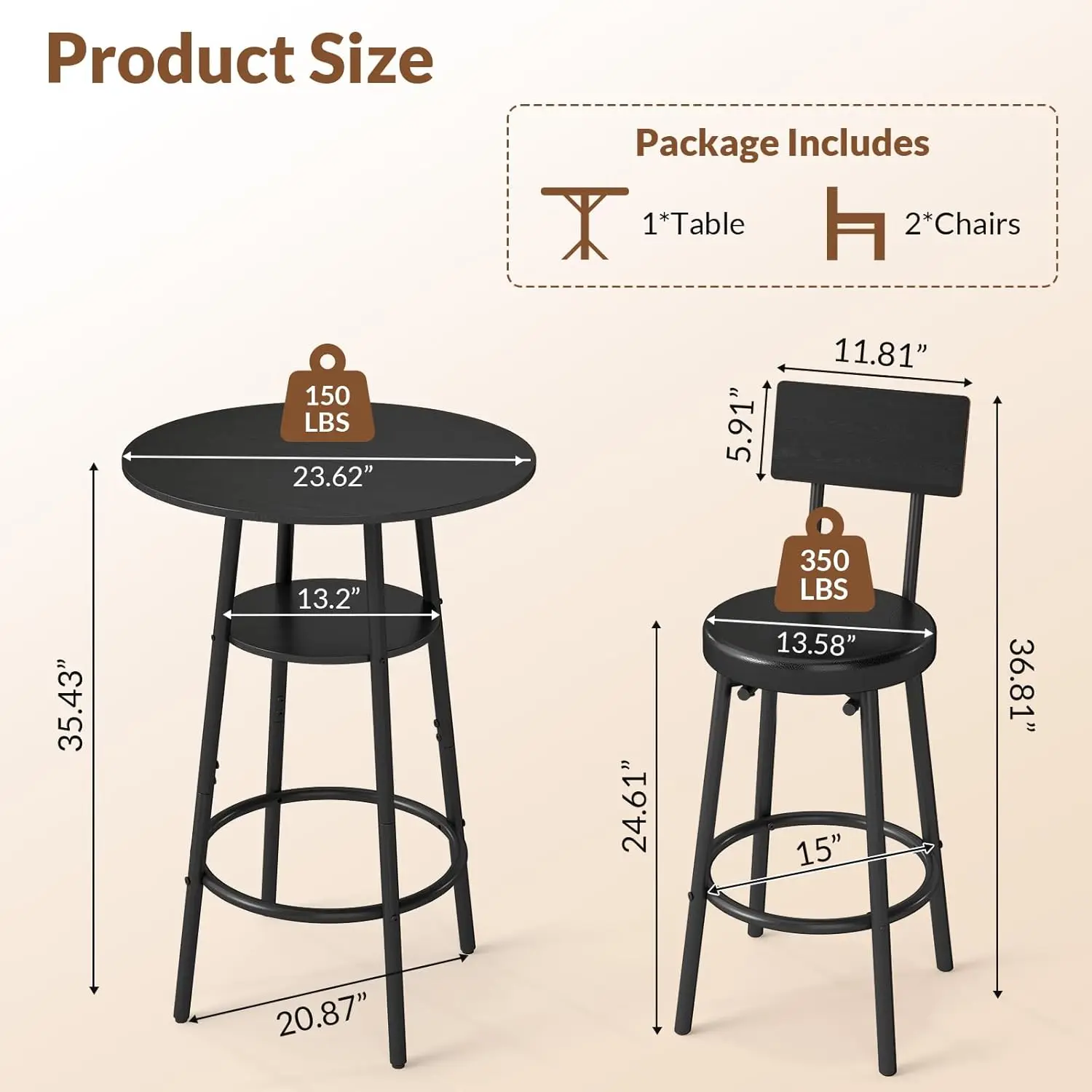 3-Piece Round Bar Table Set with Storage, Black Kitchen Dining Table for Two and Cushioned Stools