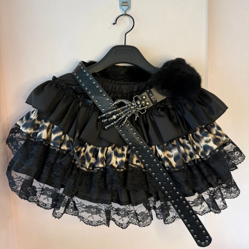 Gothic Hot Girl Loose Lace Patchwork Short Skirt Women's High Street Darkly Leopard Print Skirts Vintage Y2k Punk New Cake Skirt