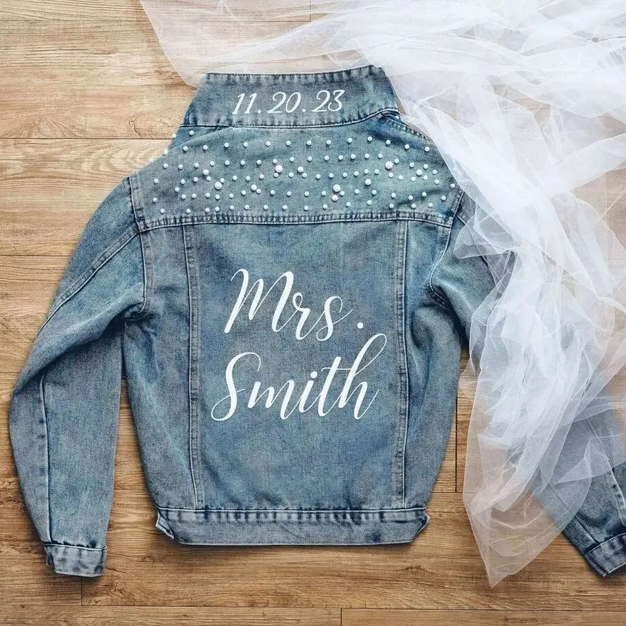 Bride Jean Jacket | Engagement Gift for Bride to Be | Mrs Pearl Denim Jacket | Honeymoon Gift | Wedding Party Custom Jean Jacket