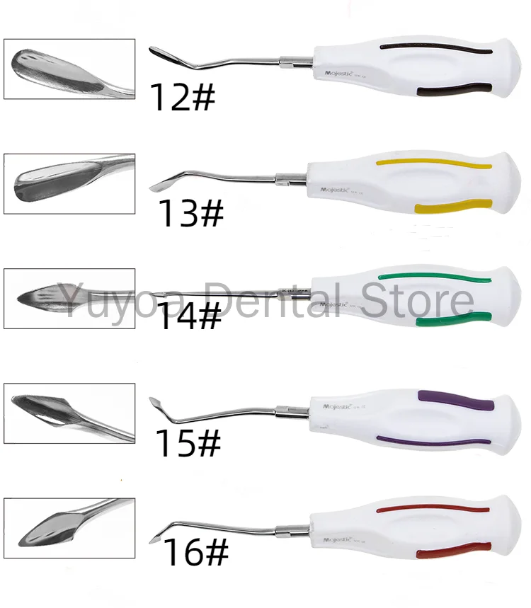 Aço inoxidável elevador dental elevadores, raiz curva, instrumento cirúrgico dentista, punho plástico, esterilizável, 16 estilos, luxo, 1pc