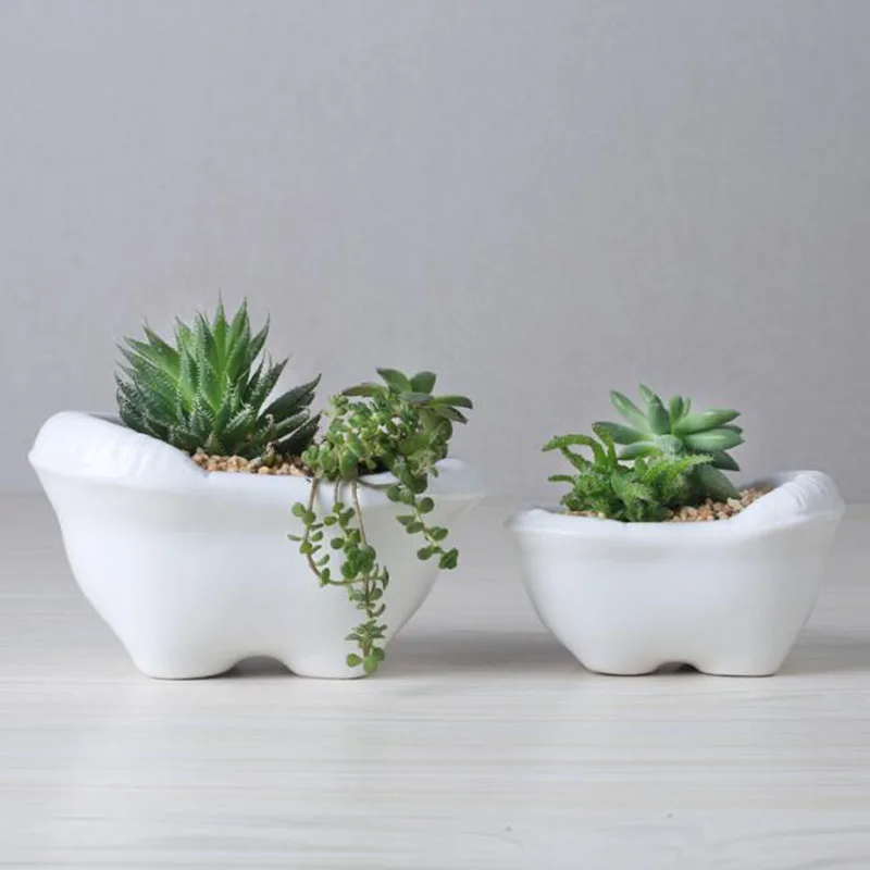 

European Style Creative Bathtub Succulent Plant Pot White Porcelain Flowerpot Vase with A Hole Desktop Ornaments Balcony Decor