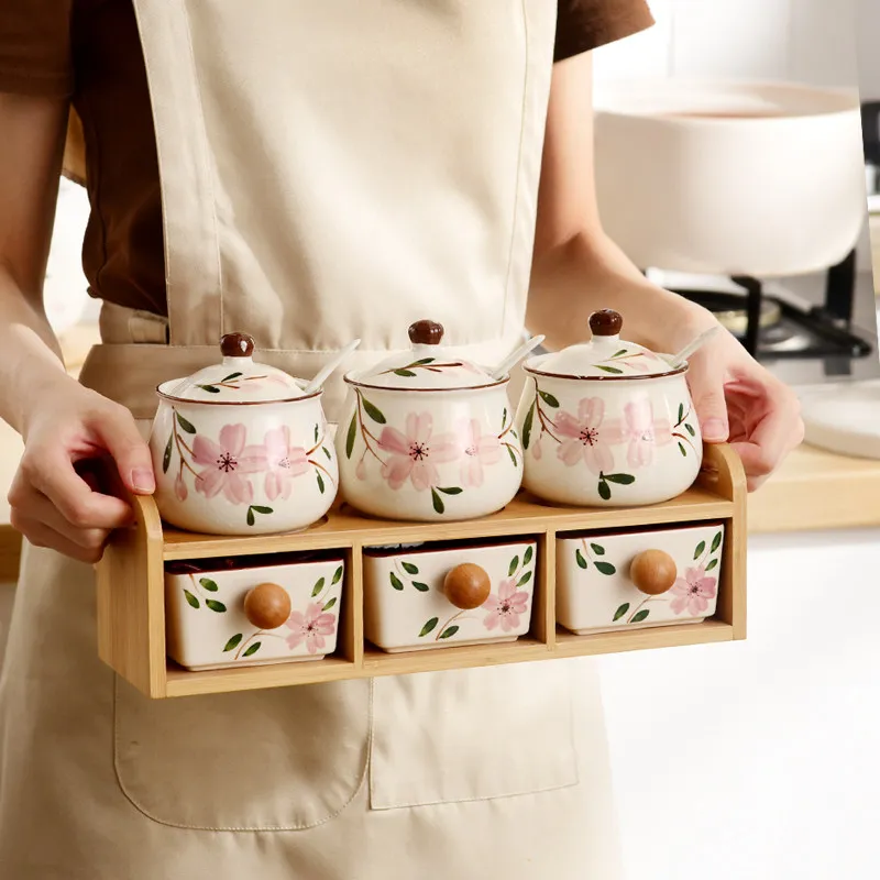 

Home kitchen spice box combination seasoning tank ceramic salt jar seasoning jar