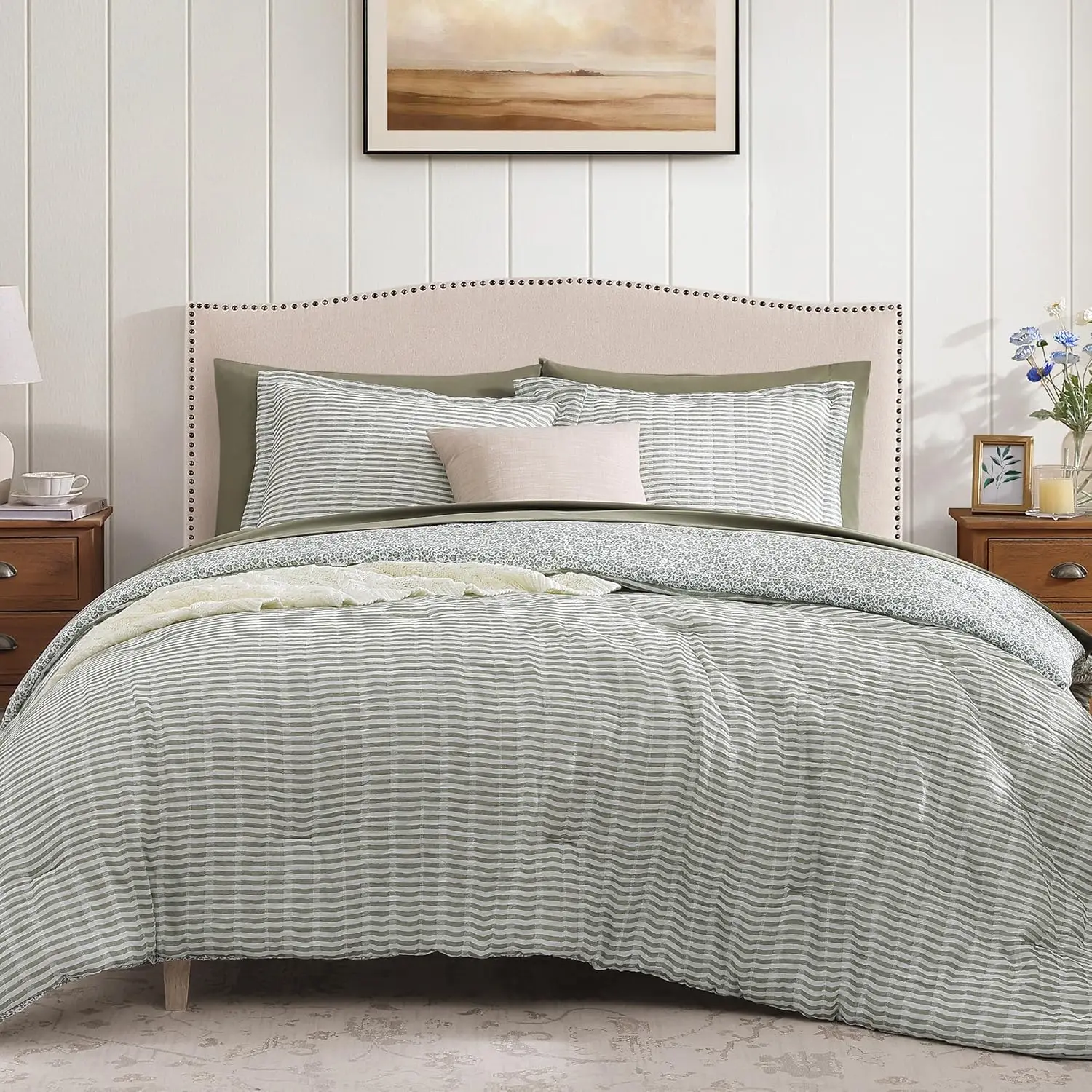 

Комплект постельного белья из 7 предметов: зеленый муслиновый комплект для всех сезонов, легкое дышащее одеяло размера Queen с двусторонним дизайном в стиле фермерского дома