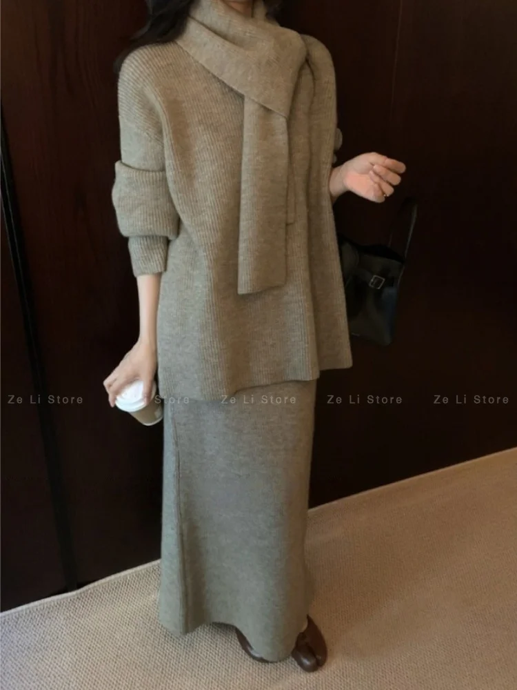 2026 New Casual Age-reducing Lazy Style V-neck Knitted Sweater Women's Autumn High-waisted Skirt Shawl Three-piece Set