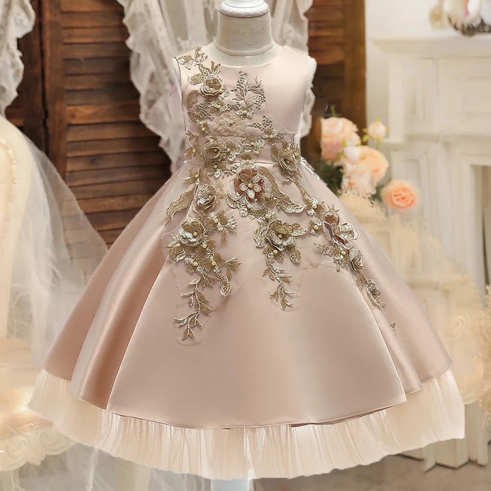 Elegant Flower Wedding Party Girls Dress Gold Princess Bridesmaids Evening Prom Gown Pageant Birthday Princess Dresses Vestidos