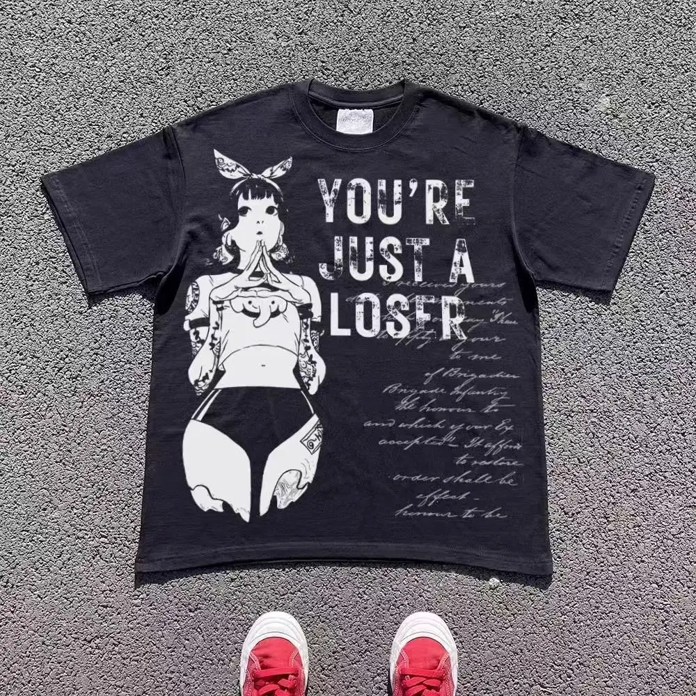 

Summer 2000s T shirt Harajuku Hip Hop Letter Printing Round Neck Oversized Tshirt Men Clothing Sleeved Gothic Tops Streetwear