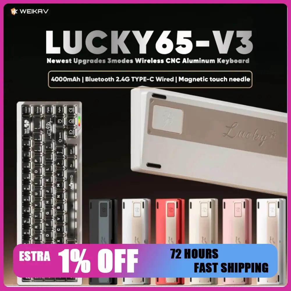 

Weikav Lucky65 V3 Беспроводная алюминиевая механическая клавиатура, комплект 3-режимной проводной 60% Bluetooth 2,4G RGB с возможностью горячей замены, игровая клавиатура для ПК, подарок