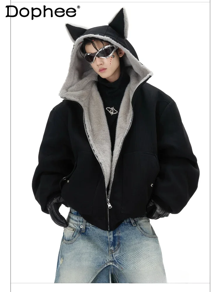 Men's 2024 Winter New Plush Long Sleeve Hooded Sweatshirts Double Sided Loose Comfort Chic Parkas Jackets Couple Cotton Clothing