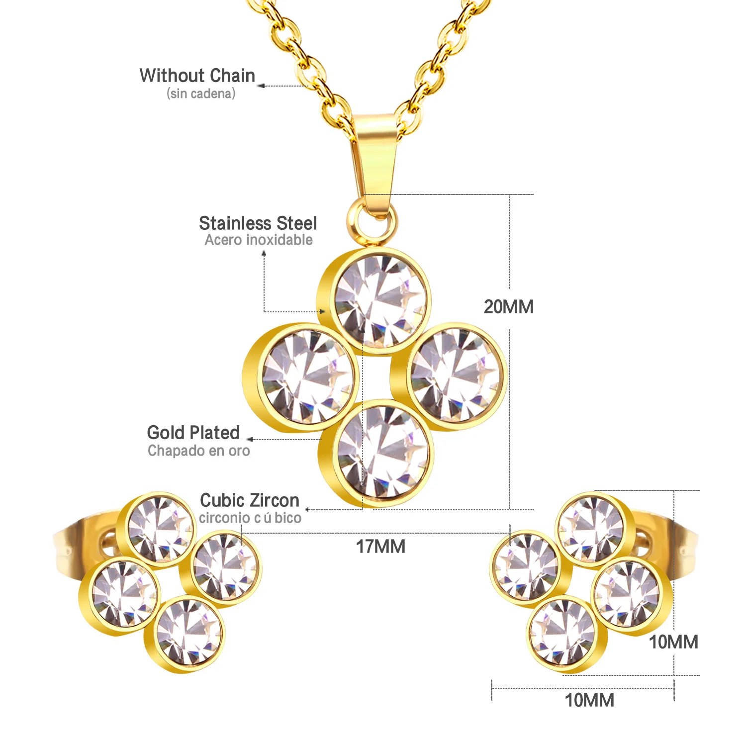 Flower Cubic Zirconia Plant Jewelry Set Pendant Necklace Earrings For Women Stainless Steel Fashion Jewelry Wholesale