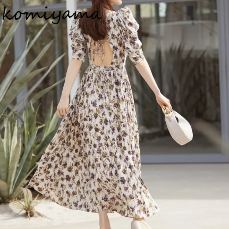 Japanse Backless Veters Up Vestidos Mujer Bloem Print Jurk Zomer Ruches Jurken Vrouwen V-Hals Poff Mouw Gewaad Femme