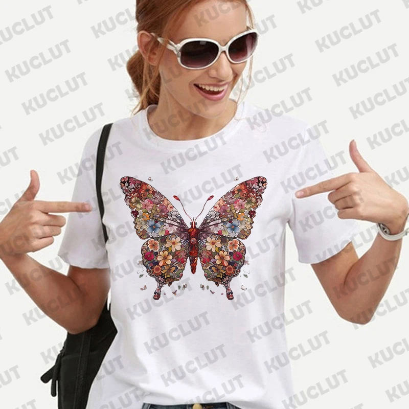 Butterfly Floral Print Women Tees Shirt Harajuku Ulzzang Streetwear Funny T-Shirts Cartoon Graphic Y2k Tops Aesthetic Clothing