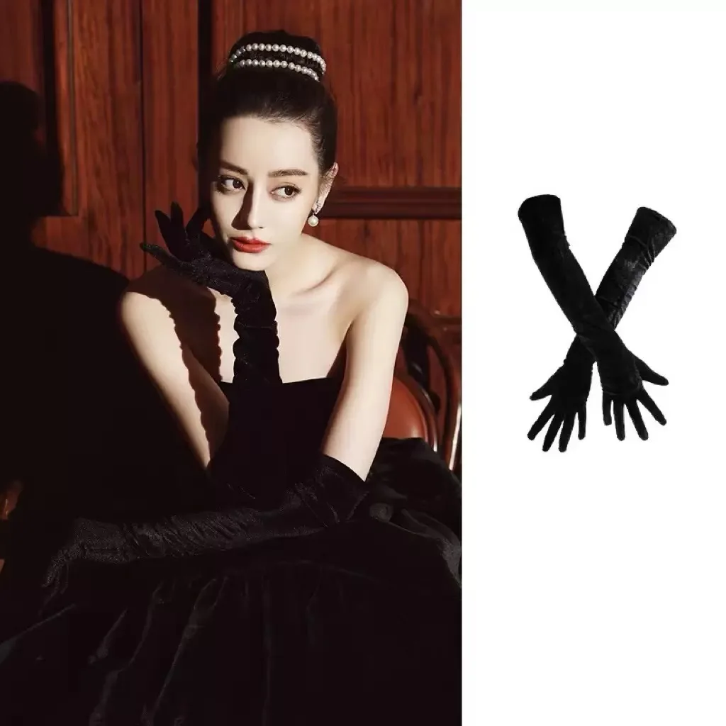 Gloves Long Velvet Women Black 53cm Evening Dress Photo Arm Sleeves Vintage Elegant Party Costume Soft Stretchy Adult Size Daily
