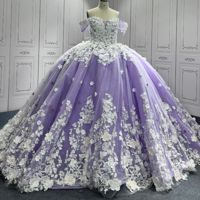 

Lavender Ball Gown Quinceanera Dresses Off The Shoulder Appliques Lace Flower Tull Sweet 16 Dress Party Birthday Vestidos 15 Ano